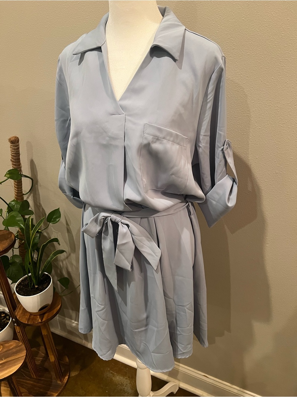 HALARA Light Blue V-Neck Shirt Roll up Sleeve Work Dress with Waist Tie